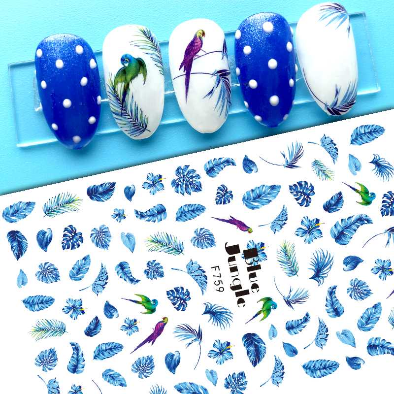 Köröm matrica Nail Art – Kék levelek és papagájok (20)